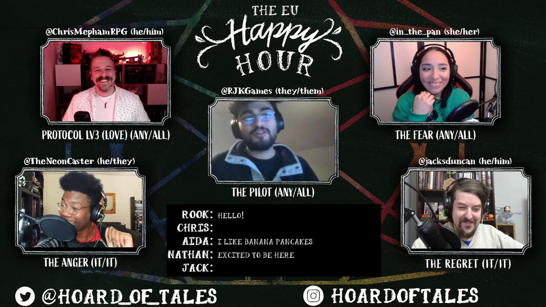 HH Screenshot Screenshot from a TTRPG AP. Title: THE EU HAPPY HOUR. Overlay styled as a chalkboard, space for captions. 5 participants with character names, social media tags and pronouns.